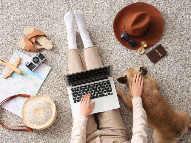 Owner using a laptop beside a French bulldog and passport, representing international pet travel in Clearwater